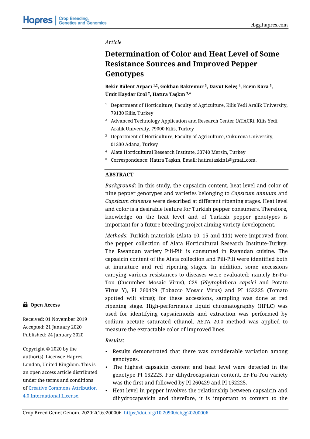 Determination of Colour and Heat Level of Some Resistance Sources and Improved Pepper Genotypes