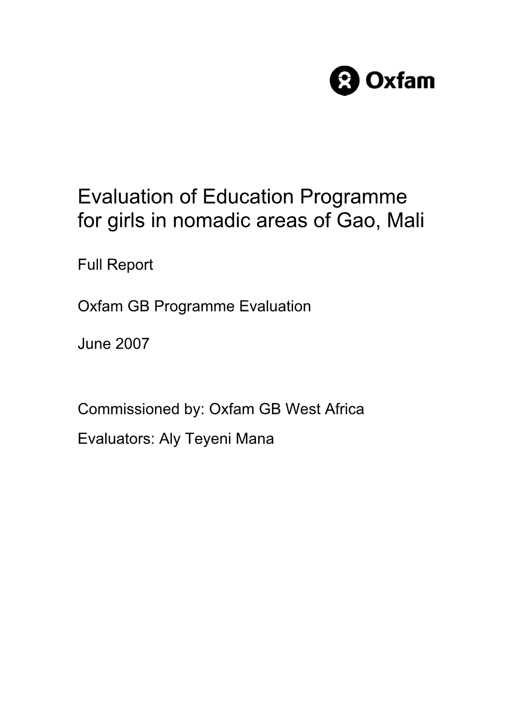 Evaluation of Education Programme for Girls in Nomadic Areas of Gao, Mali