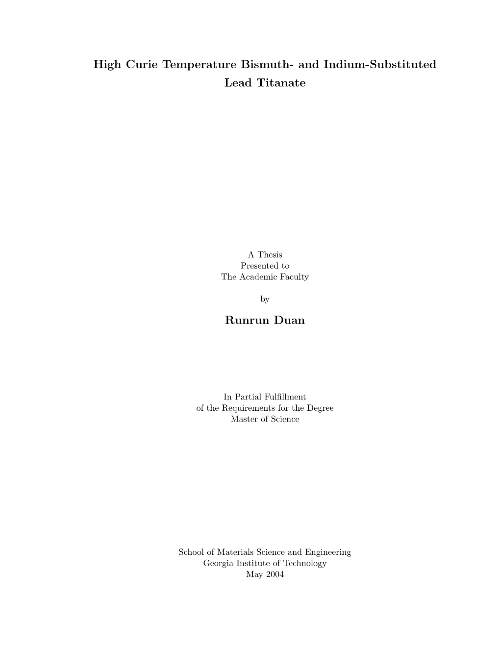 High Curie Temperature Bismuth- and Indium-Substituted Lead Titanate