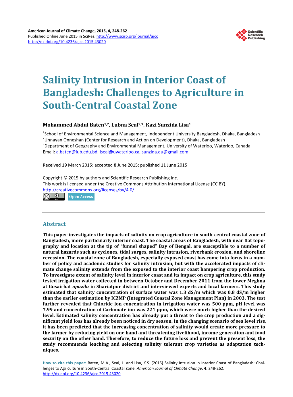 Salinity Intrusion in Interior Coast of Bangladesh: Challenges to Agriculture in South-Central Coastal Zone