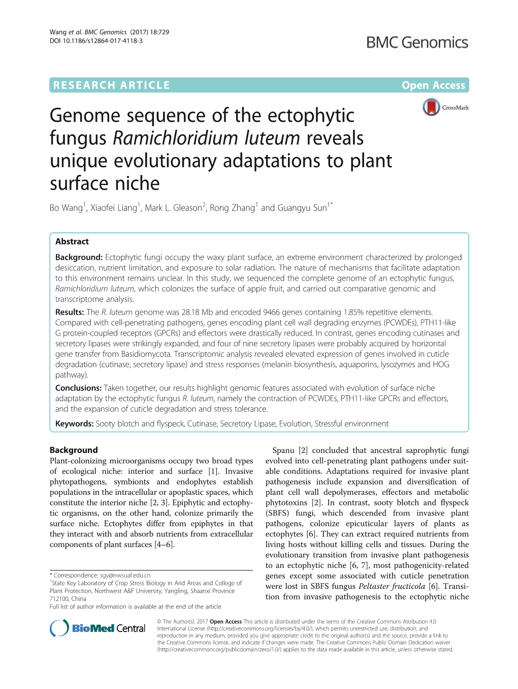 Genome Sequence of the Ectophytic Fungus Ramichloridium Luteum Reveals Unique Evolutionary Adaptations to Plant Surface Niche Bo Wang1, Xiaofei Liang1, Mark L