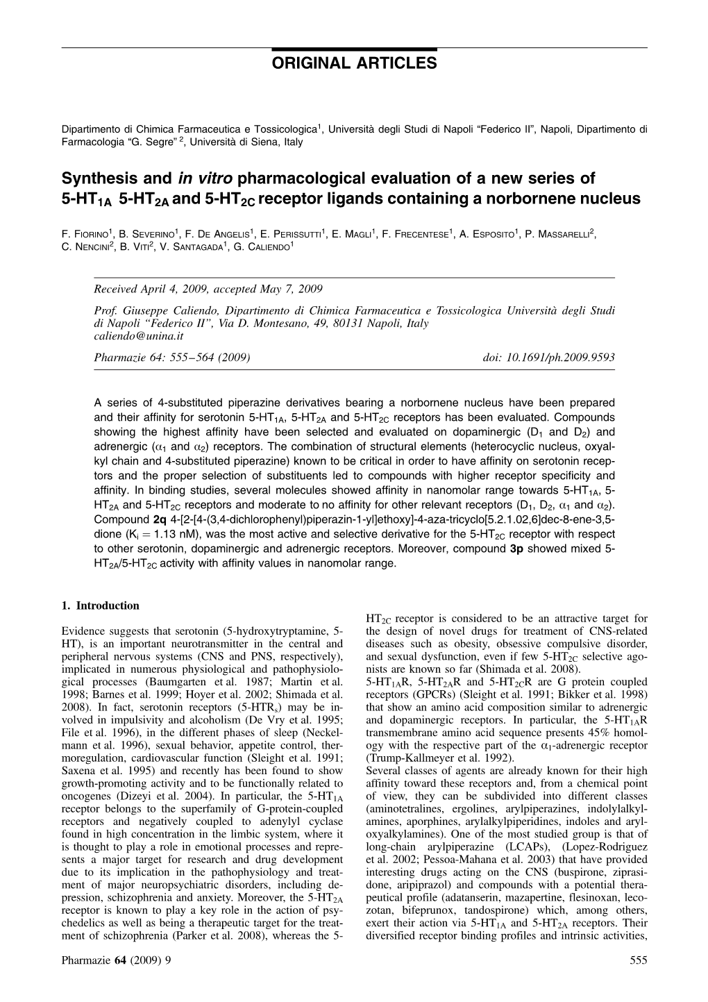 Synthesis and in Vitro Pharmacological Evaluation of a New Series of 5-HT1A 5-HT2A and 5-HT2C Receptor Ligands Containing a Norbornene Nucleus