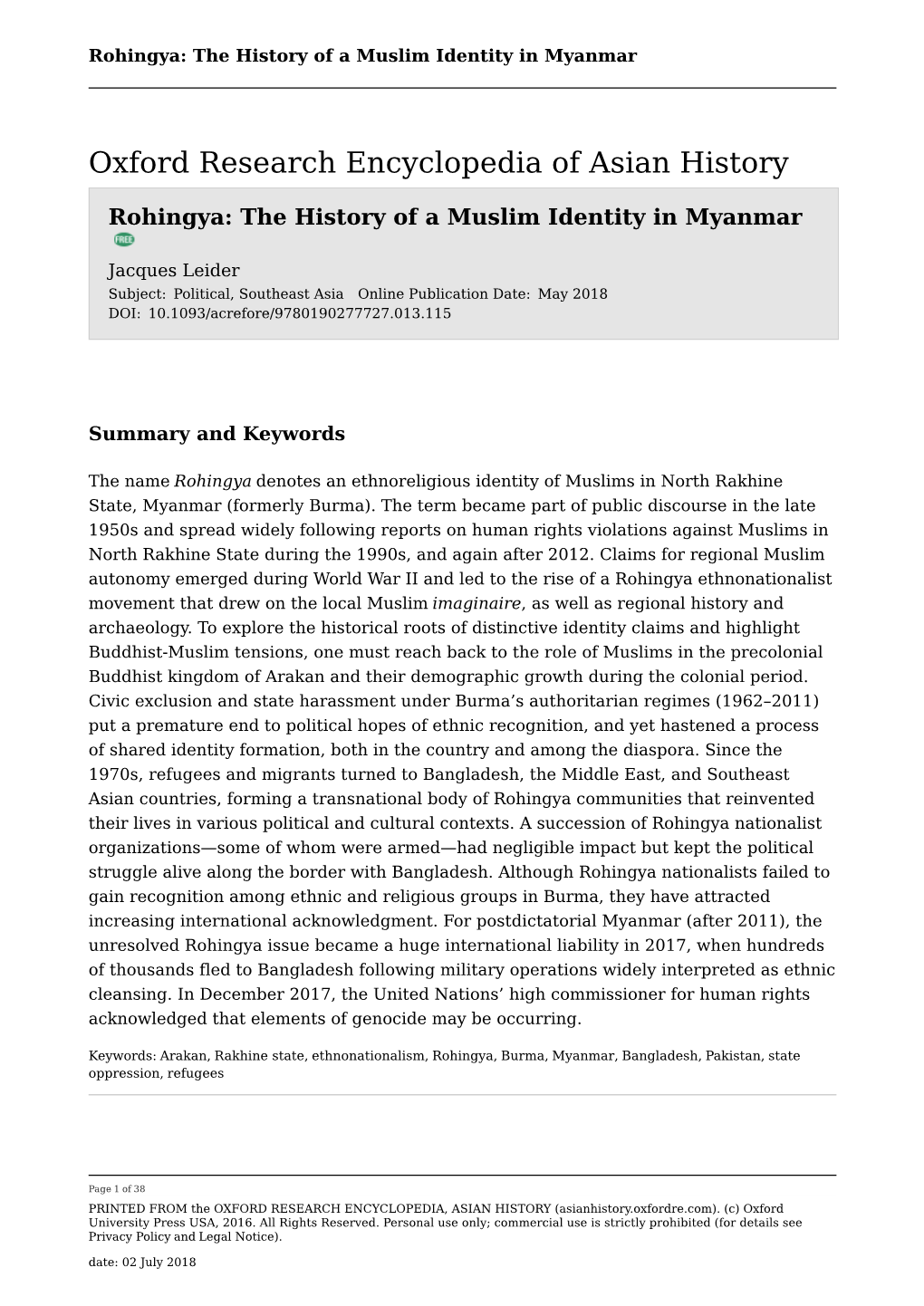 Rohingya: the History of a Muslim Identity in Myanmar