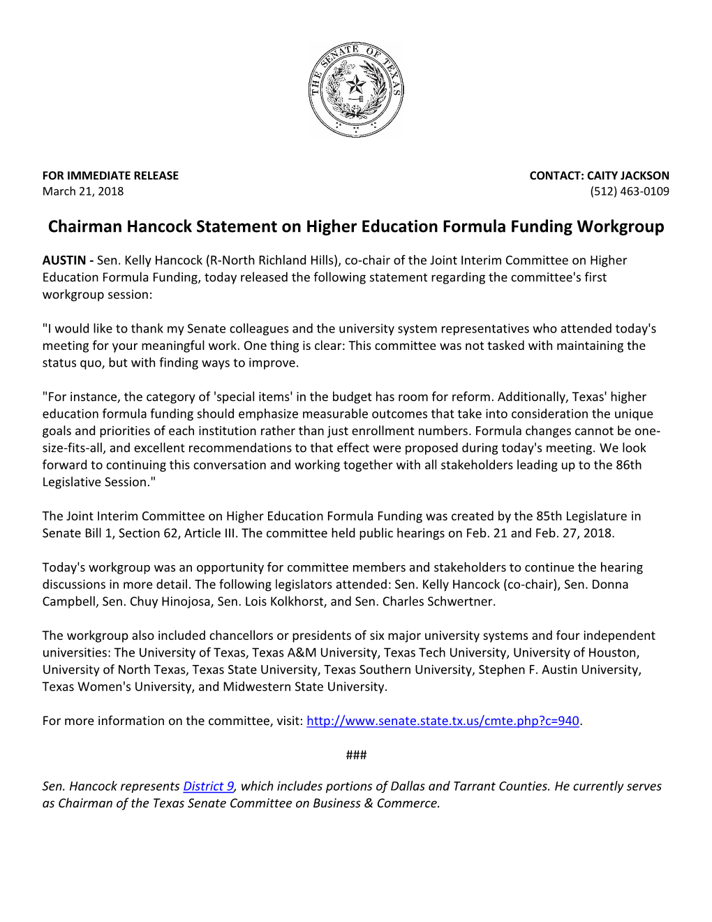 Chairman Hancock Statement on Higher Education Formula Funding Workgroup