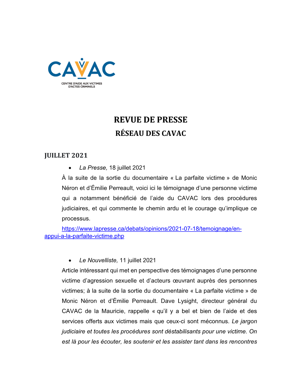 Revue De Presse Réseau Des Cavac