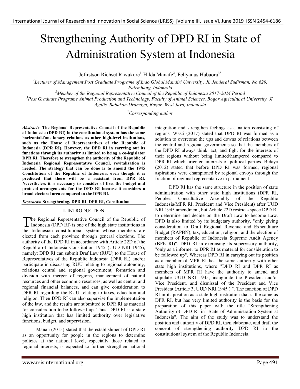 Strengthening Authority of DPD RI in State of Administration System at Indonesia