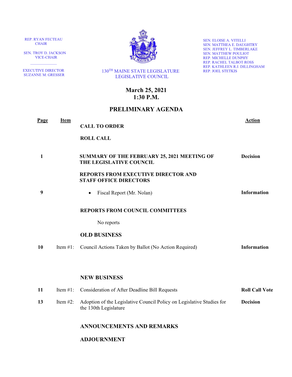 March 25, 2021 Preliminary Agenda