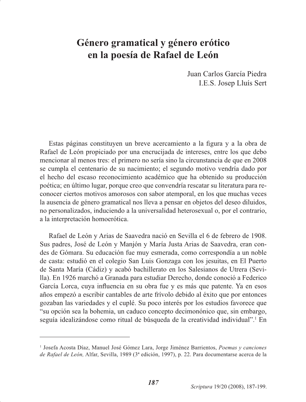 Género Gramatical Y Género Erótico En La Poesía De Rafael De León