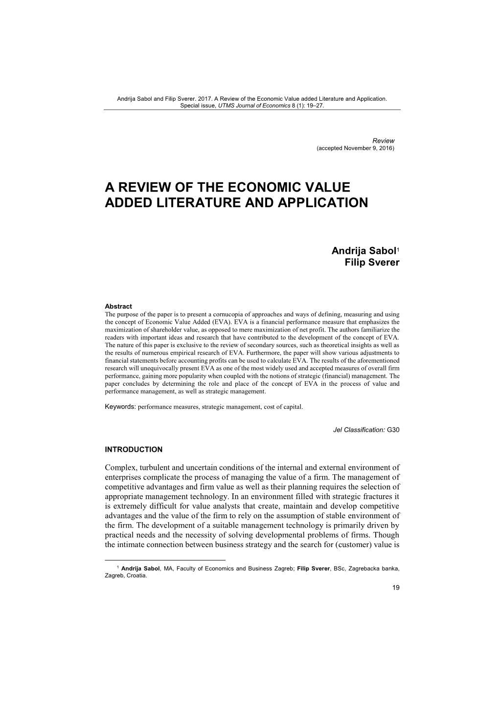 A Review of the Economic Value Added Literature and Application
