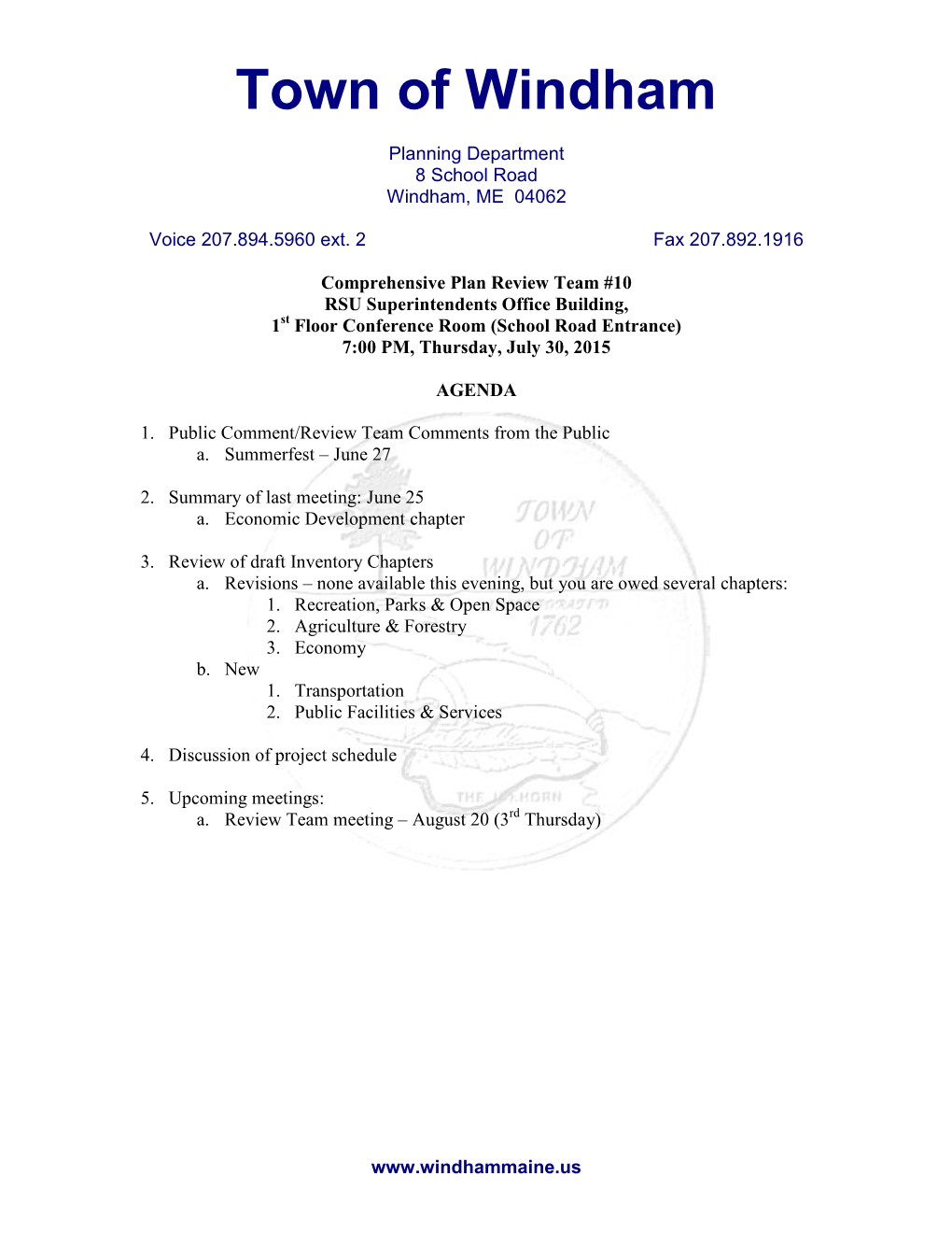 Town of Windham Planning Department 8 School Road Windham, ME 04062