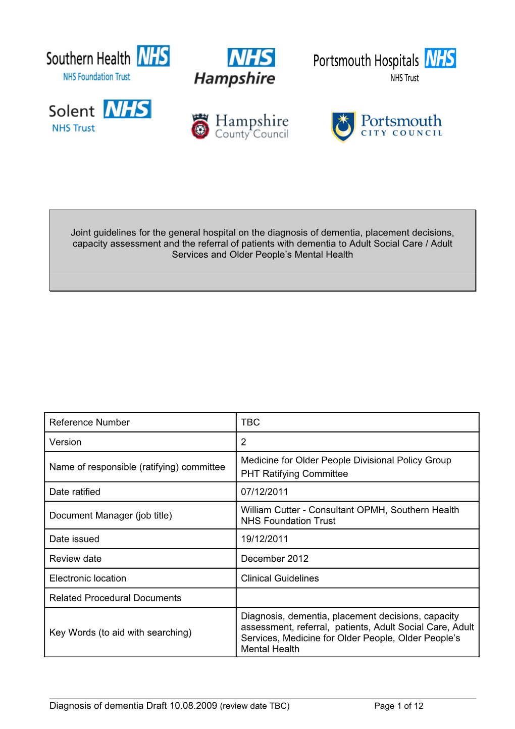 Diagnosis of Dementia