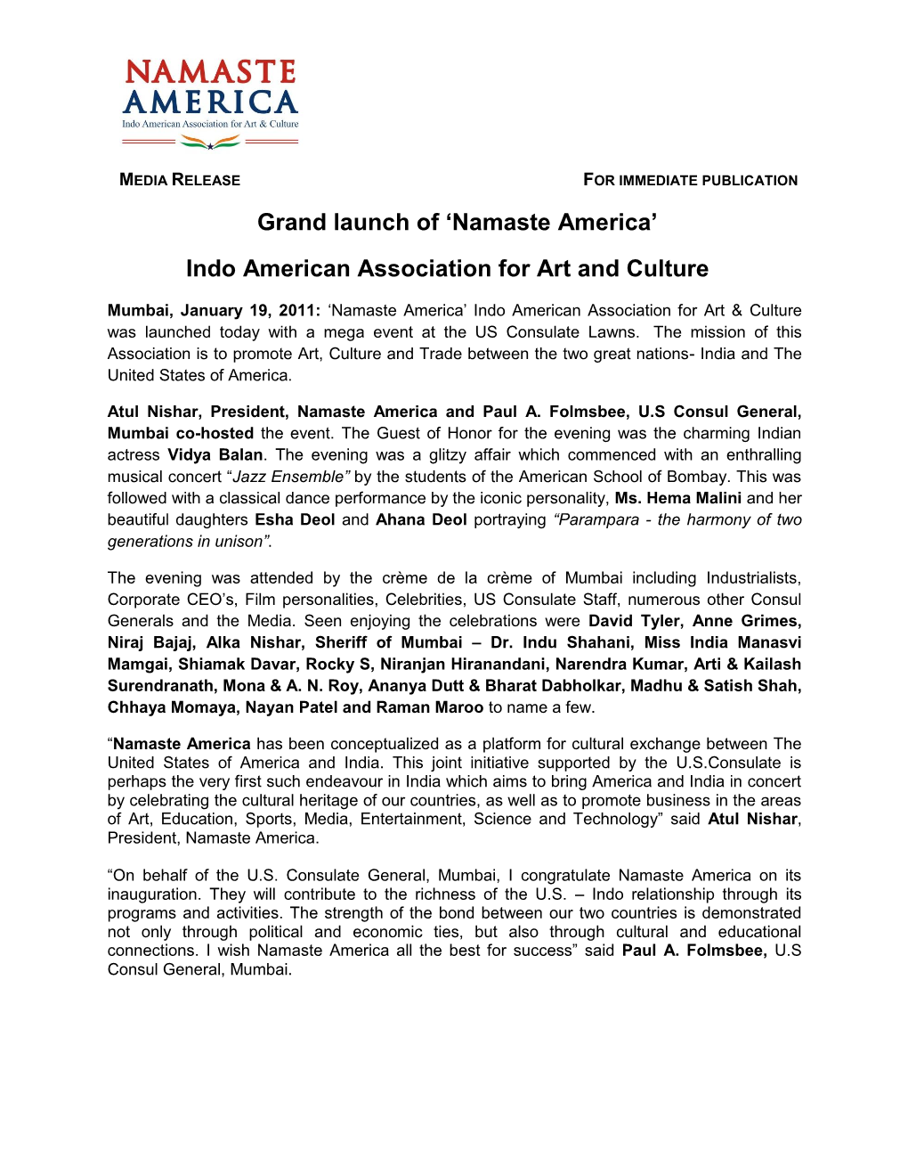 Grand Launch of 'Namaste America' Indo American Association for Art