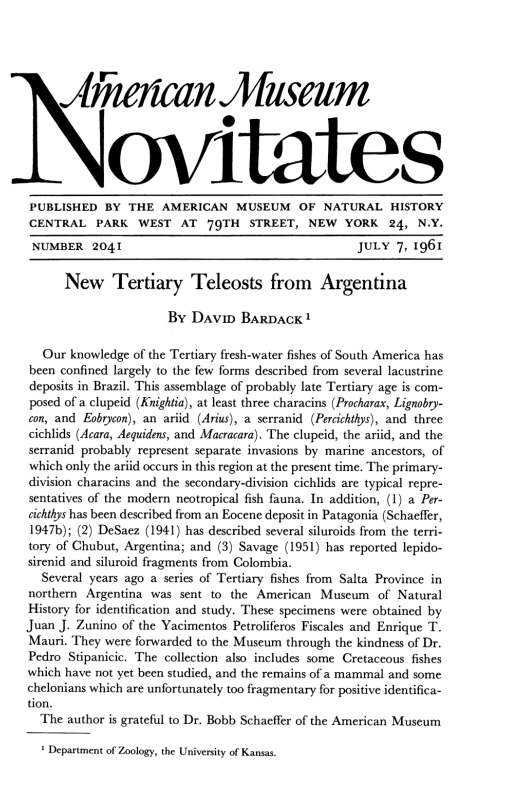 New Tertiary Teleosts from Argentina by DAVID BARDACK'