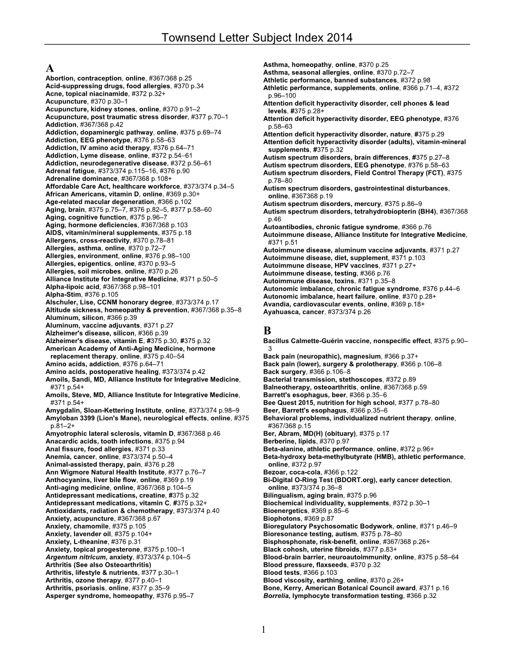 Townsend Letter Subject Index 2014