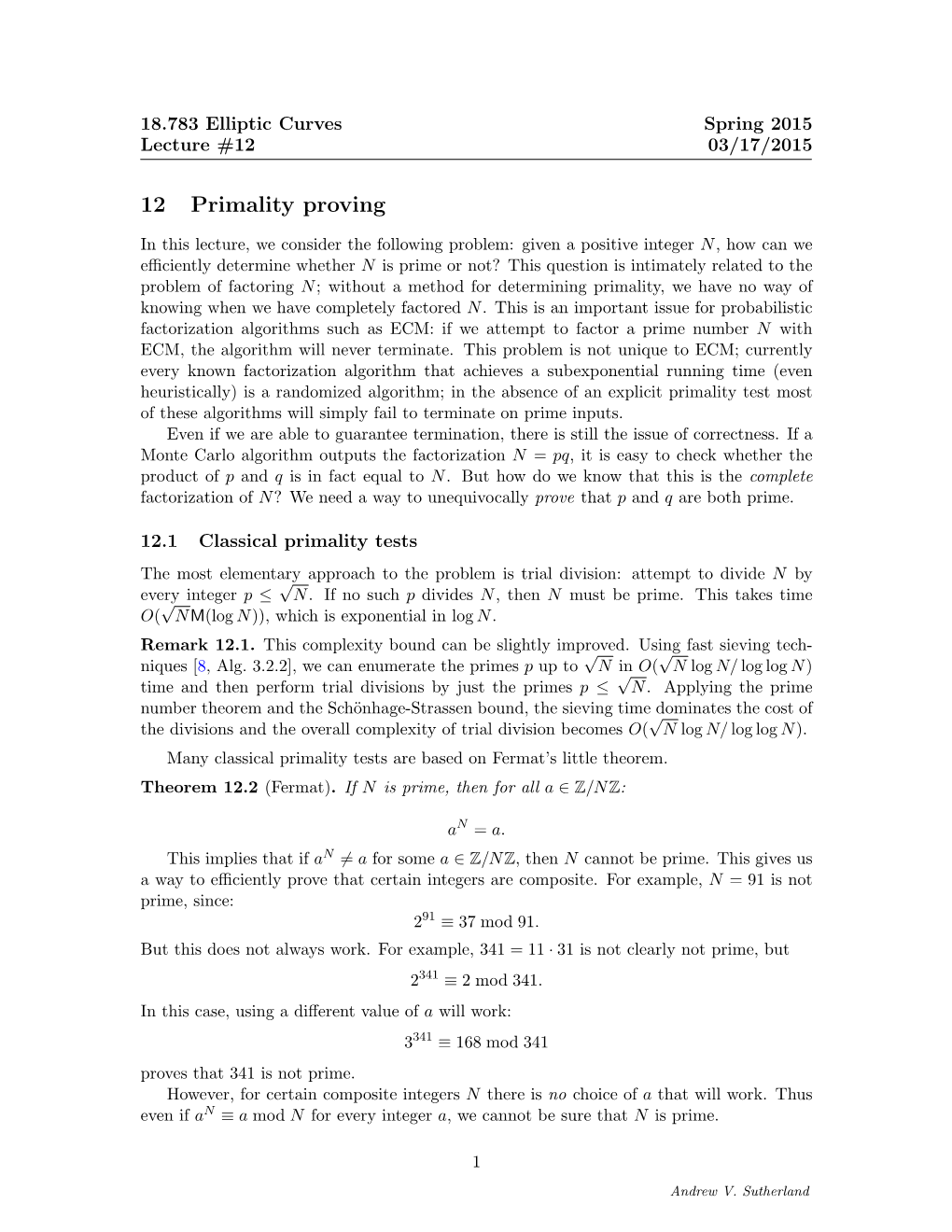 18.783 Elliptic Curves Spring 2015 Lecture #12 03/17/2015