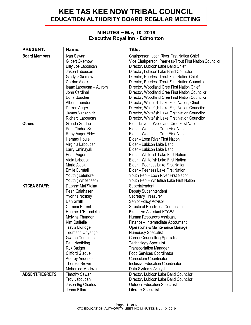 Kee Tas Kee Now Tribal Council Education Authority Board Regular Meeting