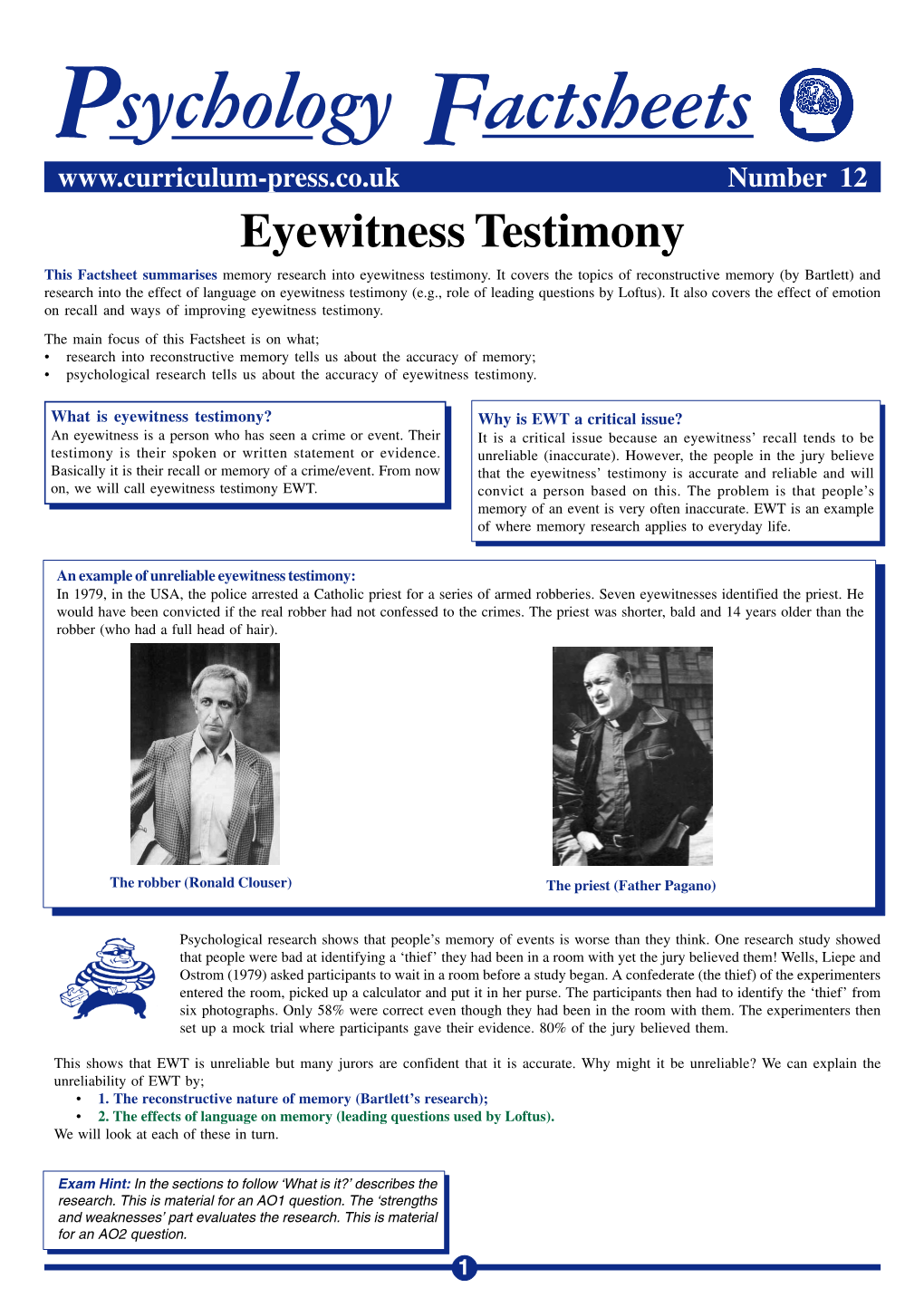 Eyewitness Testimony This Factsheet Summarises Memory Research Into Eyewitness Testimony