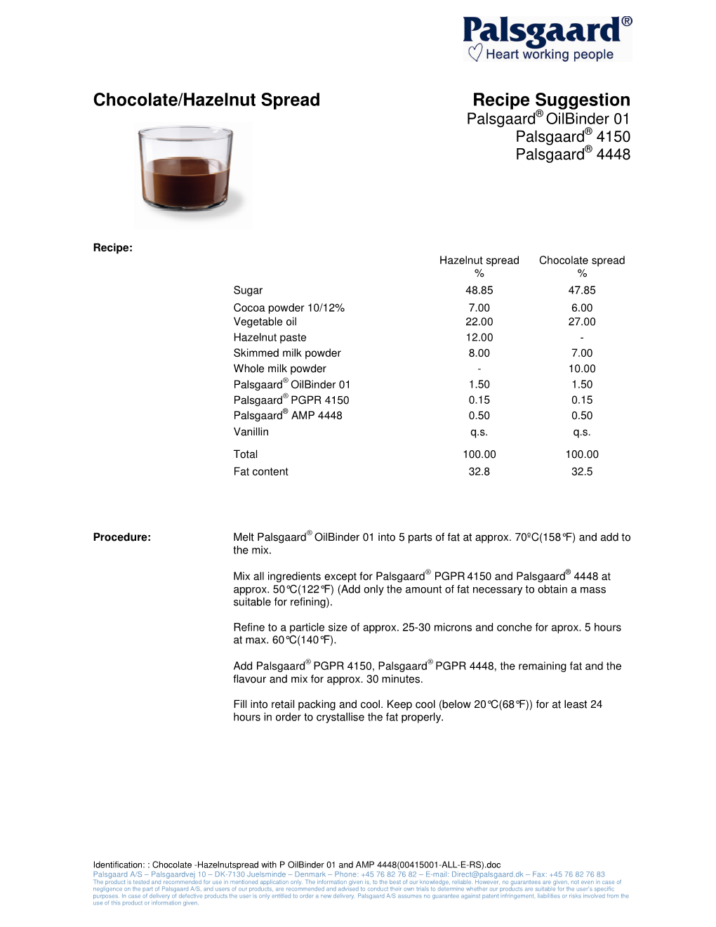 Chocolate/Hazelnut Spread Recipe Suggestion Palsgaard ® Oilbinder 01 Palsgaard ® 4150 Palsgaard ® 4448