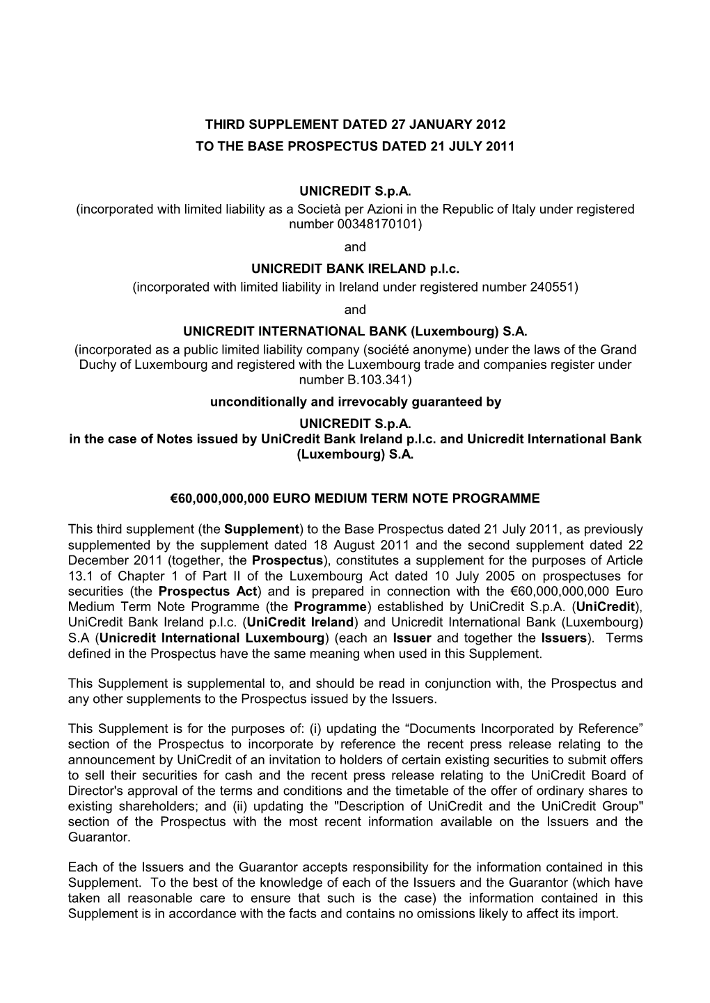 Third Supplement Dated 27 January 2012 to the Base Prospectus Dated 21 July 2011