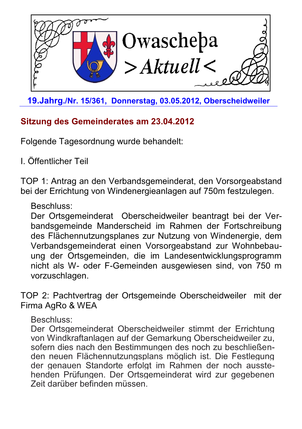 Sitzung Des Gemeinderates Am 23.04.2012