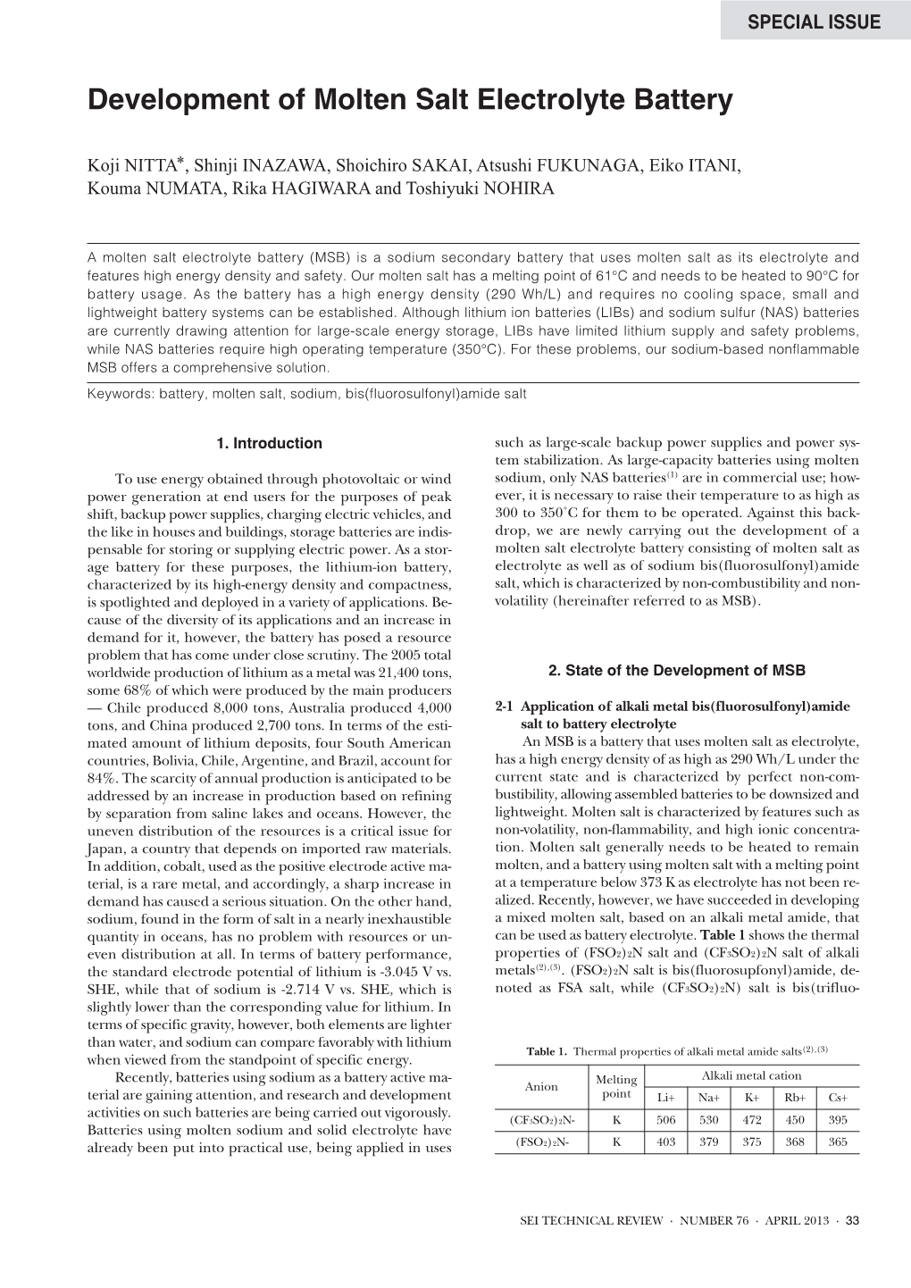 Development of Molten Salt Electrolyte Battery