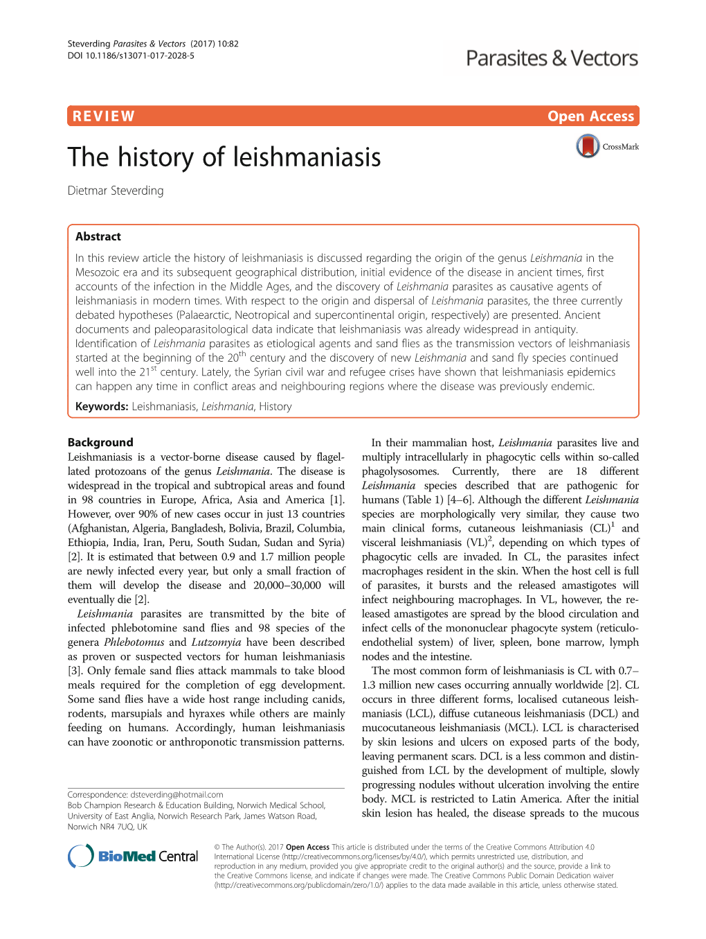 The History of Leishmaniasis Dietmar Steverding