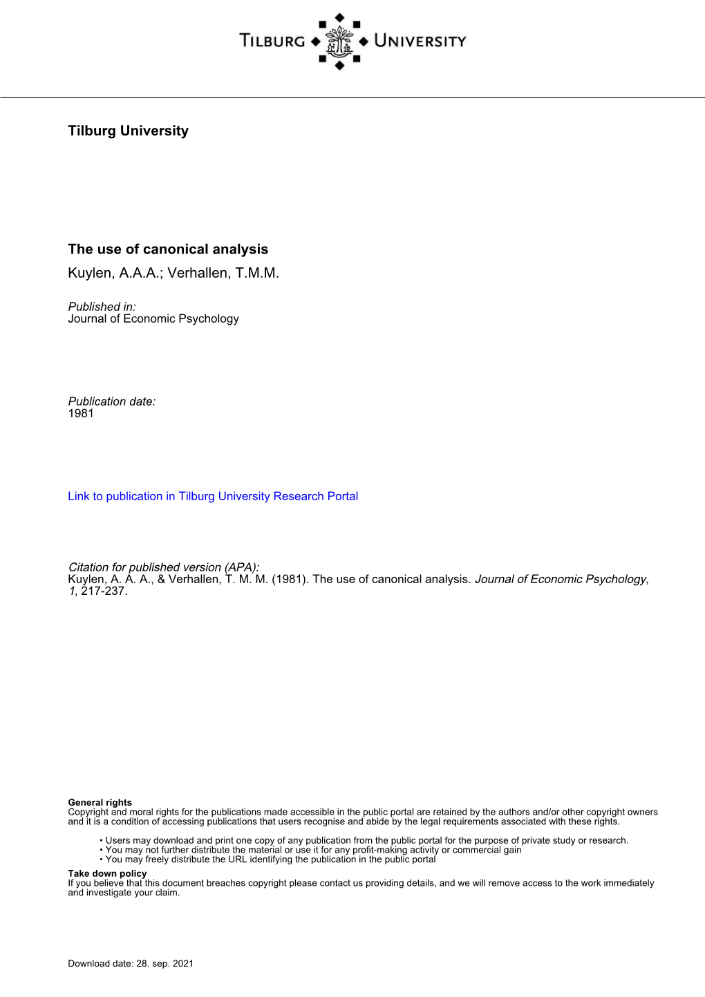 Tilburg University the Use of Canonical Analysis Kuylen, A.A.A