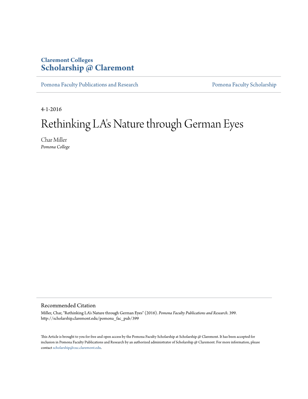 Rethinking LA's Nature Through German Eyes Char Miller Pomona College