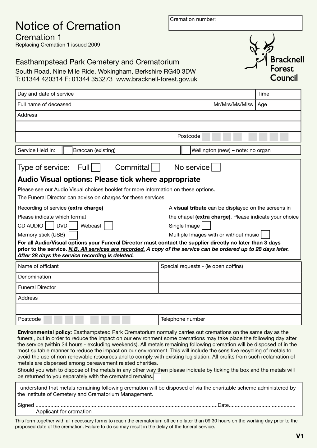 Easthampstead Park Crematorium Forms