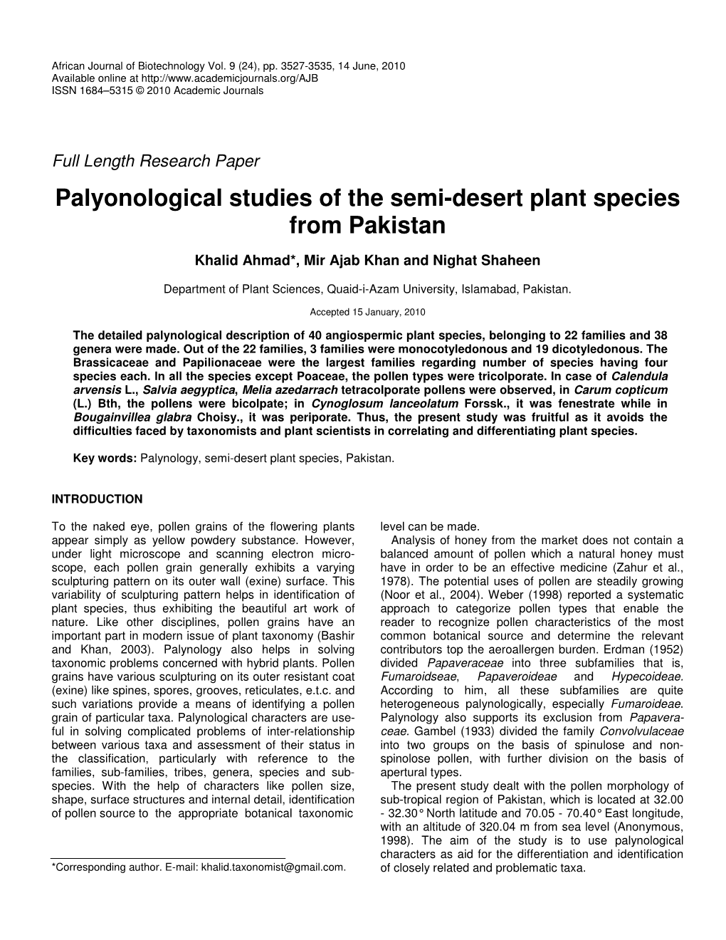 Palyonological Studies of the Semi-Desert Plant Species from Pakistan