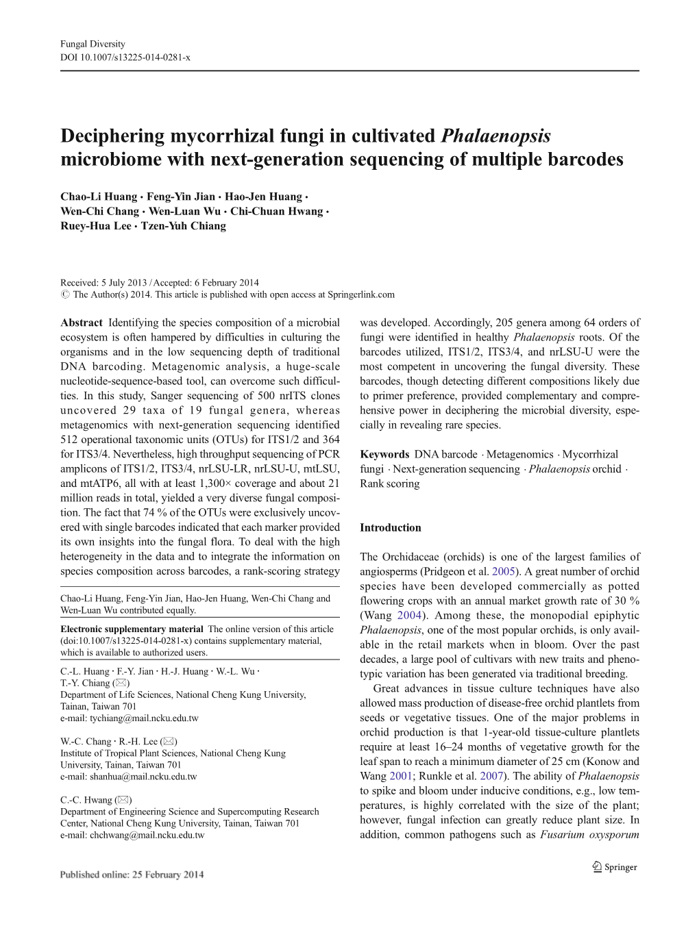 Deciphering Mycorrhizal Fungi in Cultivated Phalaenopsis Microbiome with Next-Generation Sequencing of Multiple Barcodes