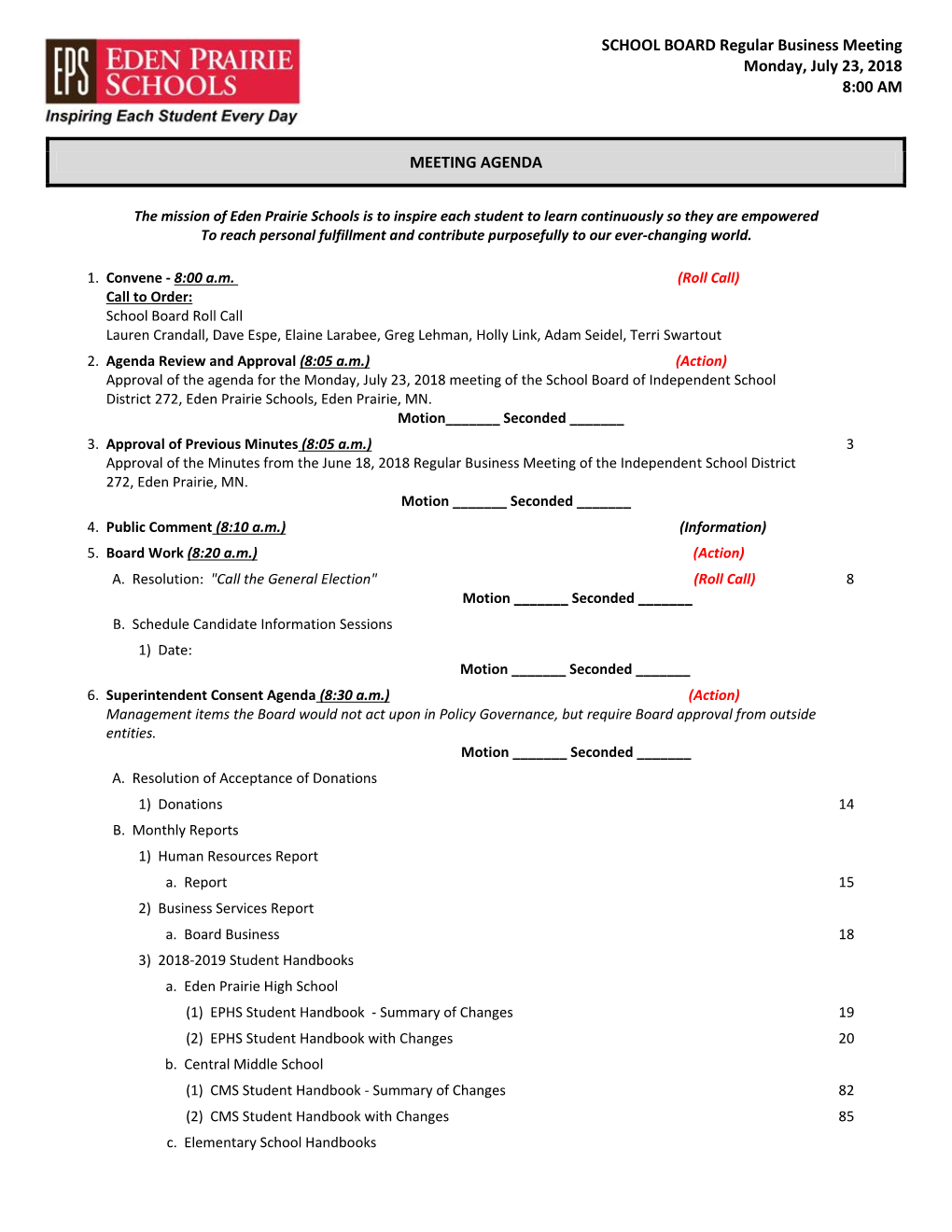 School Board Meeting Materials 7.23.18