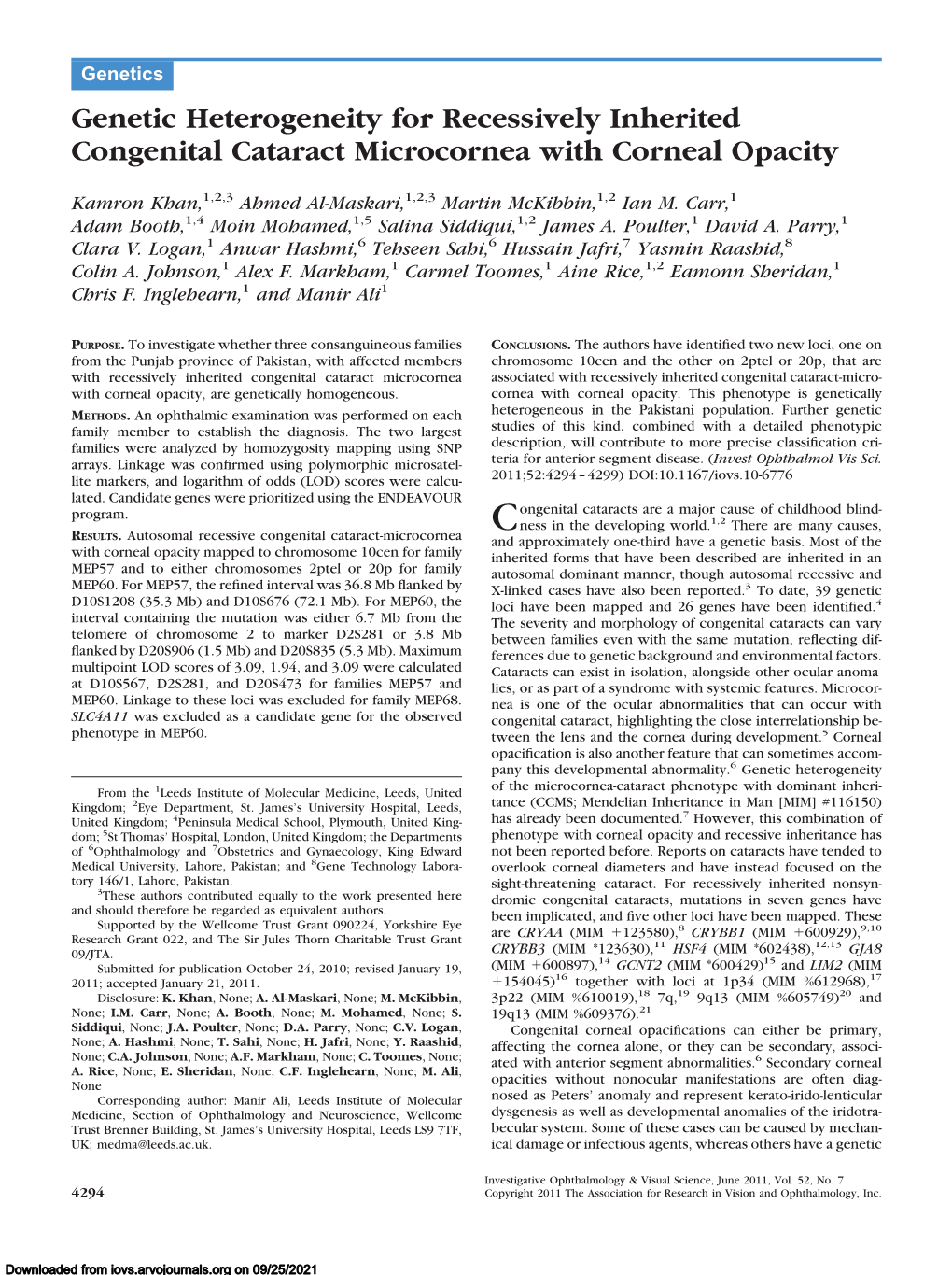 Genetic Heterogeneity for Recessively Inherited Congenital Cataract Microcornea with Corneal Opacity