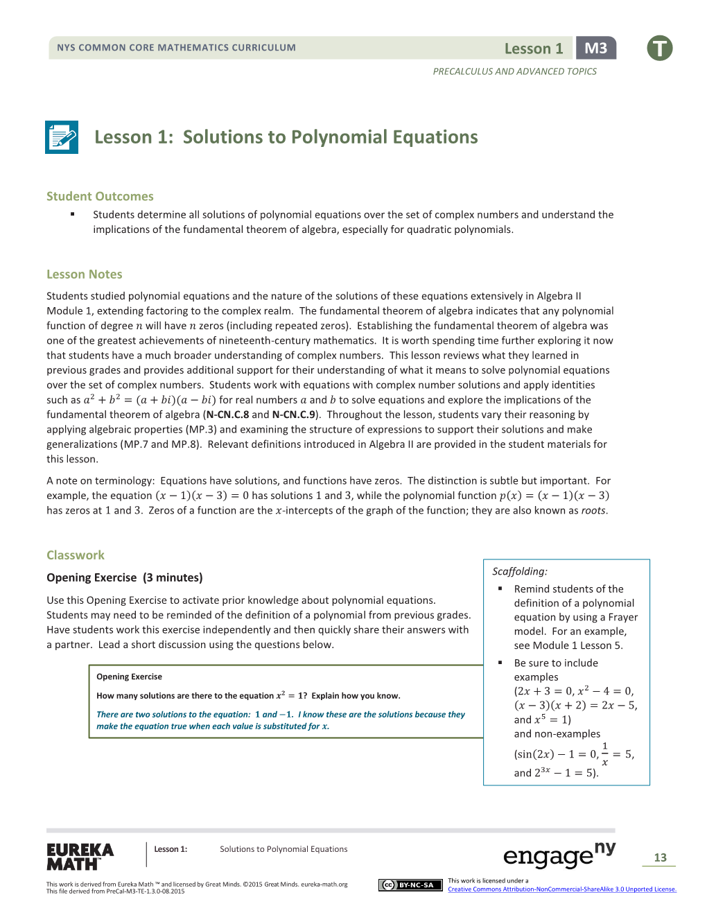 Lesson 1: Solutions to Polynomial Equations