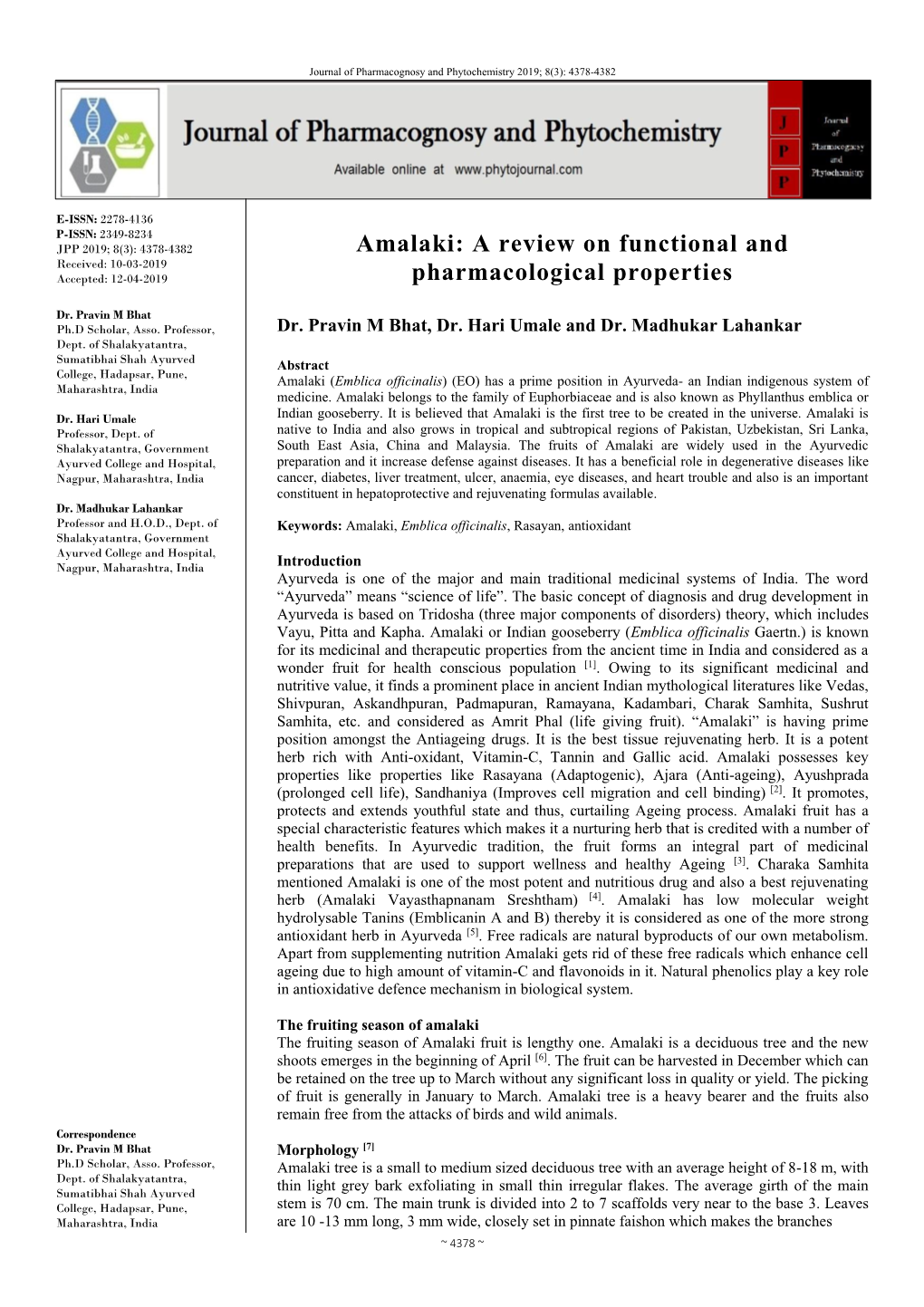 Amalaki: a Review on Functional and Received: 10-03-2019 Accepted: 12-04-2019 Pharmacological Properties