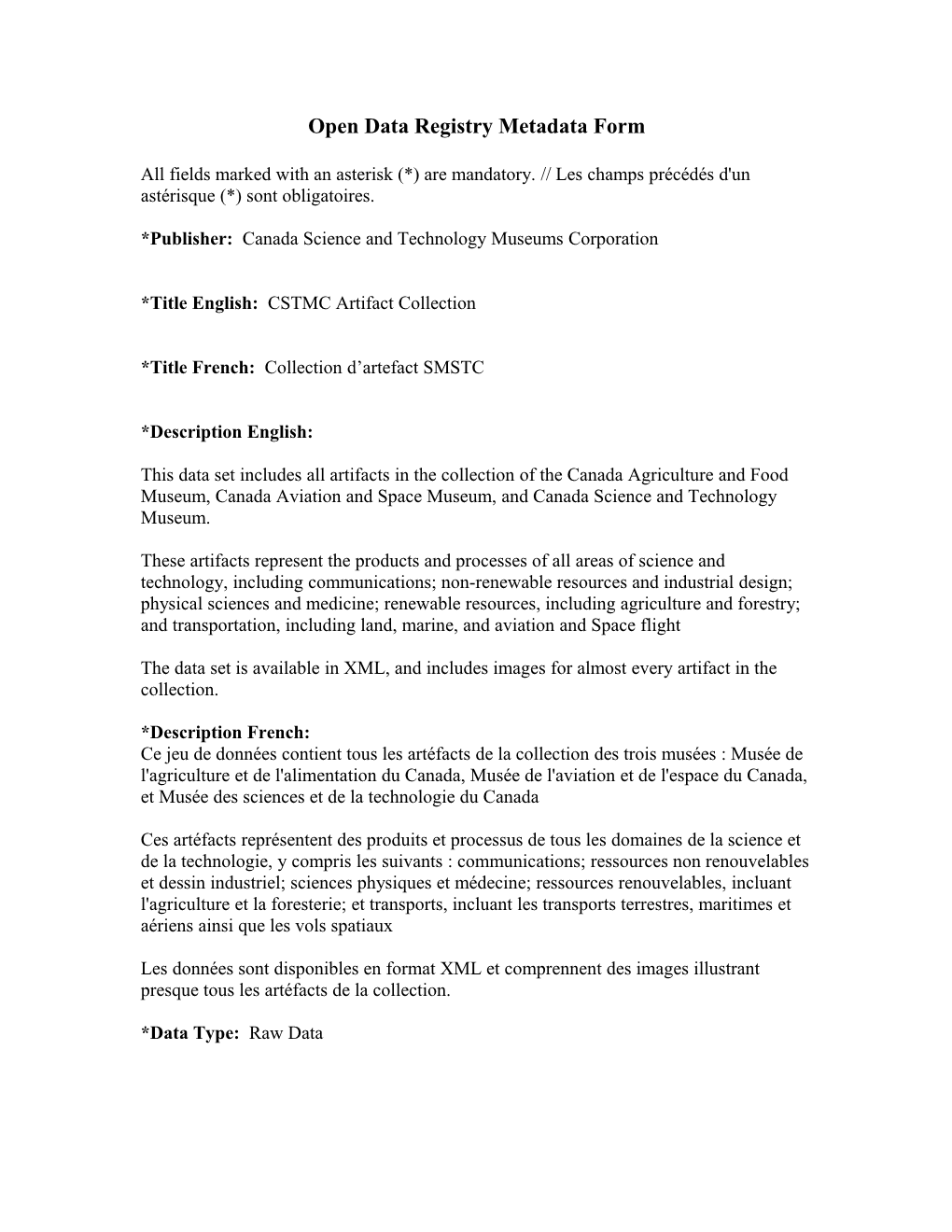 Open Data Registry Metadata Form