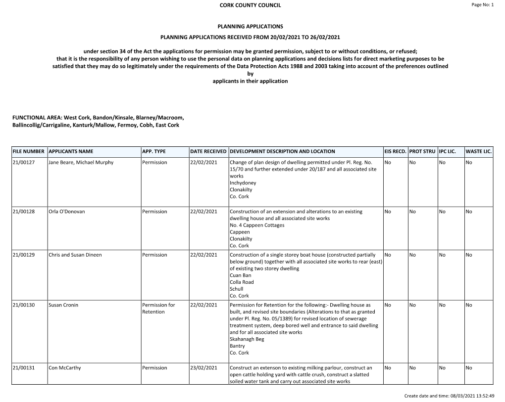 Report Weekly Lists Planning Application Received