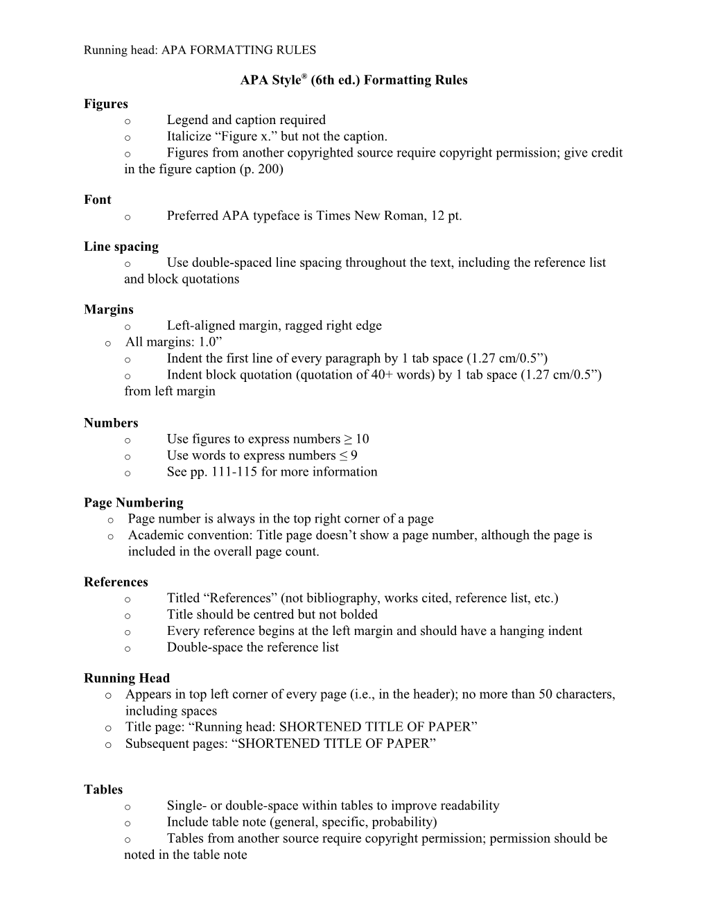 APA Style (6Th Ed.) Formatting Rules