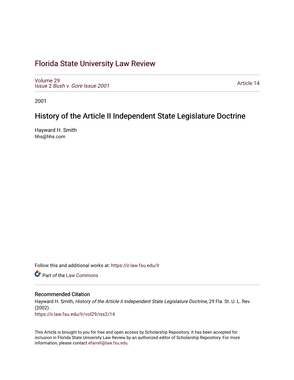 History of the Article II Independent State Legislature Doctrine