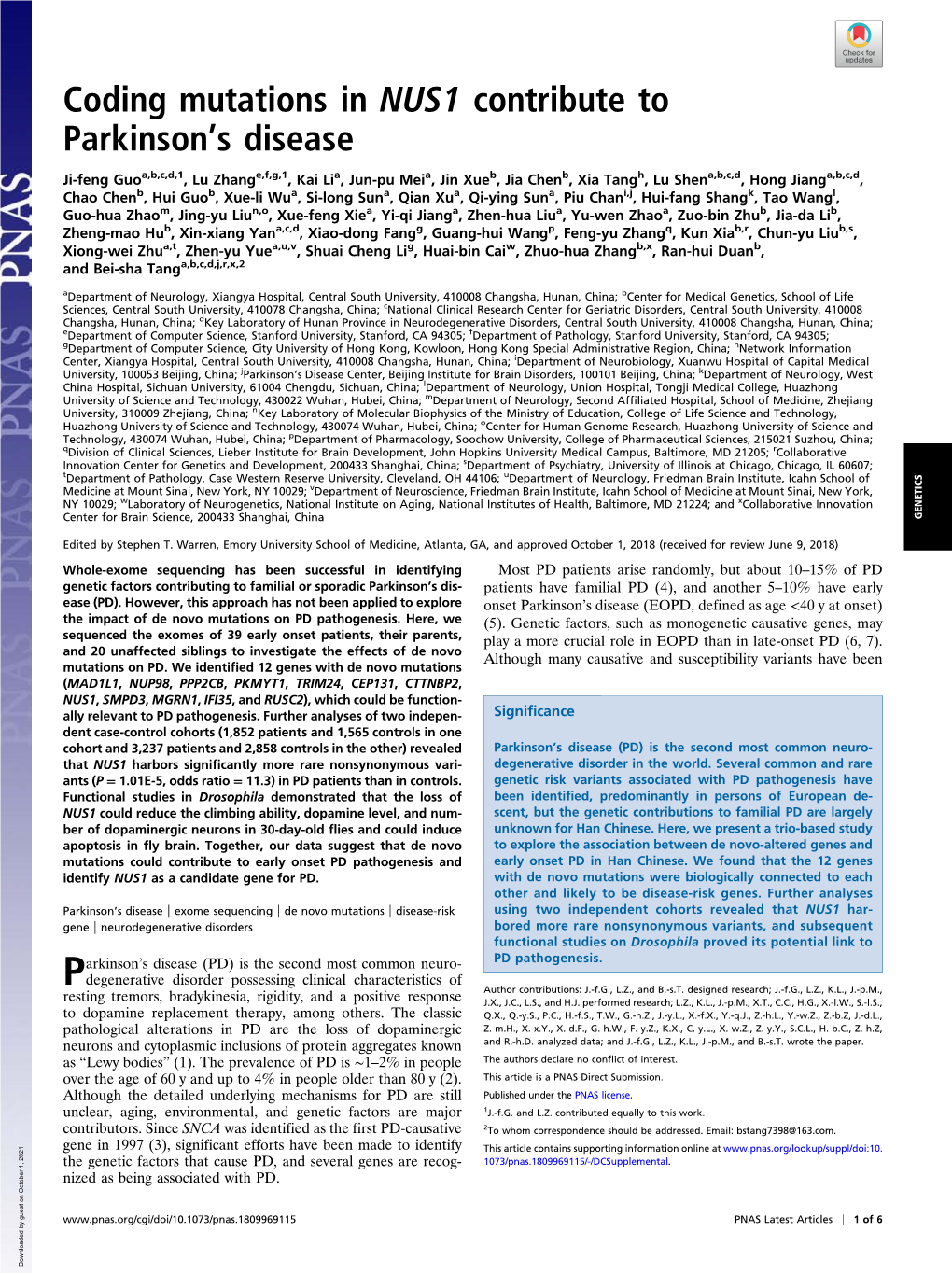 Coding Mutations in NUS1 Contribute to Parkinson's Disease