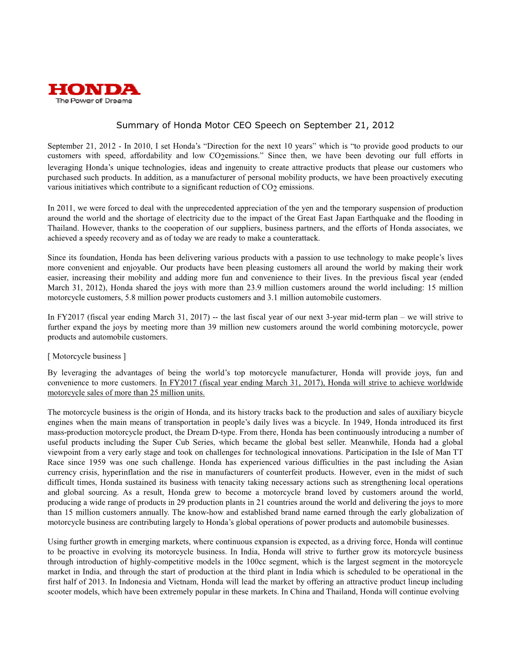 Summary of Honda Motor CEO Speech on September 21, 2012