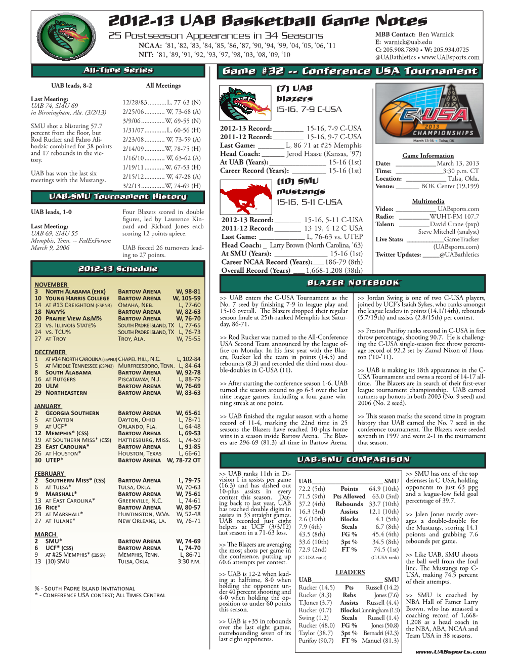 2012-13 UAB Basketball Game Notes