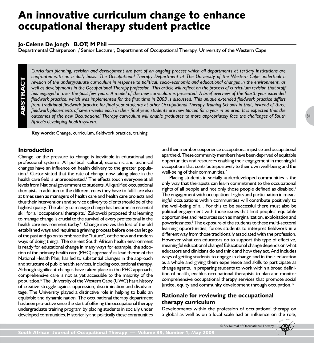 An Innovative Curriculum Change to Enhance Occupational Therapy Student Practice