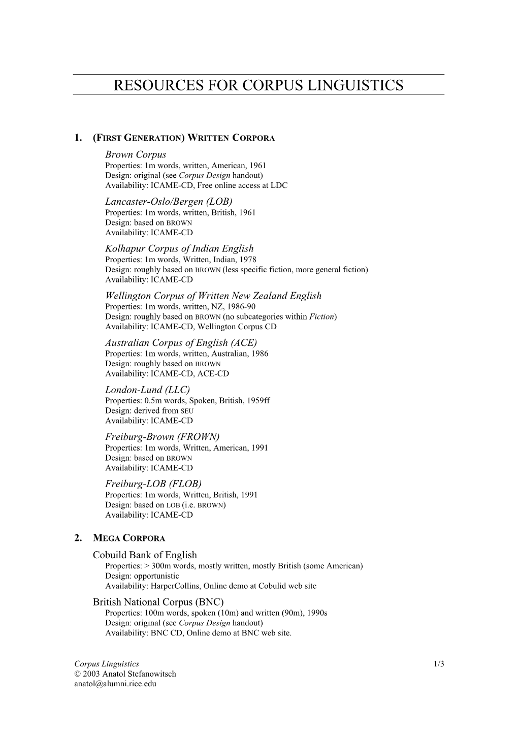 Resources for Corpus Linguistics