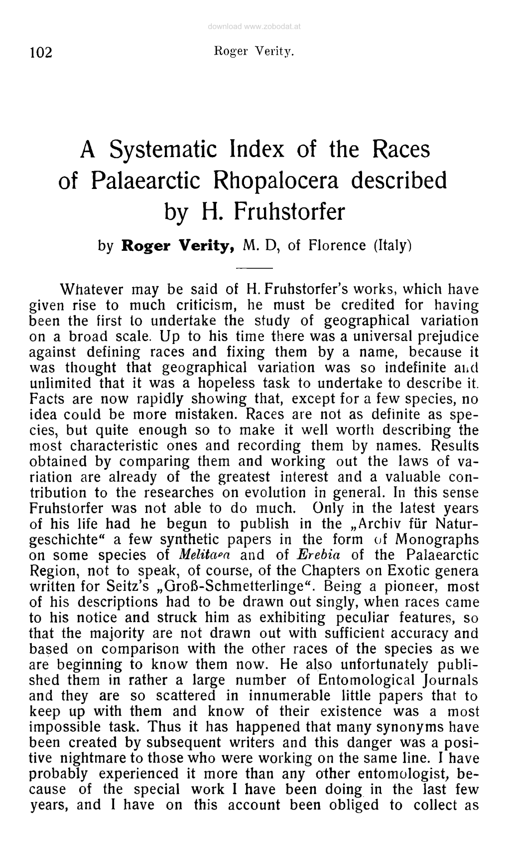 A Systematic Index of the Races of Palaearctic Rhopalocera Described by H