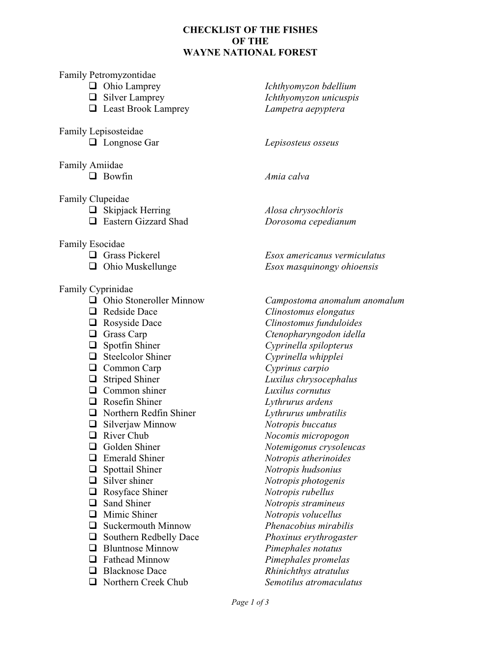 CHECKLIST of the FISHES of the WAYNE NATIONAL FOREST Family Petromyzontidae Ohio Lamprey Ichthyomyzon Bdellium Silver L