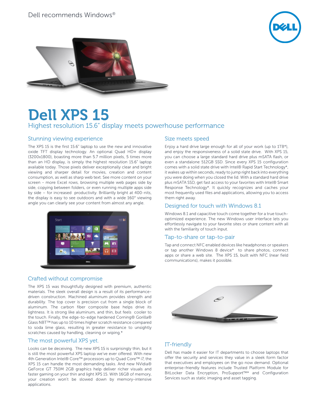 Dell XPS 15 Highest Resolution 15.6” Display Meets Powerhouse Performance