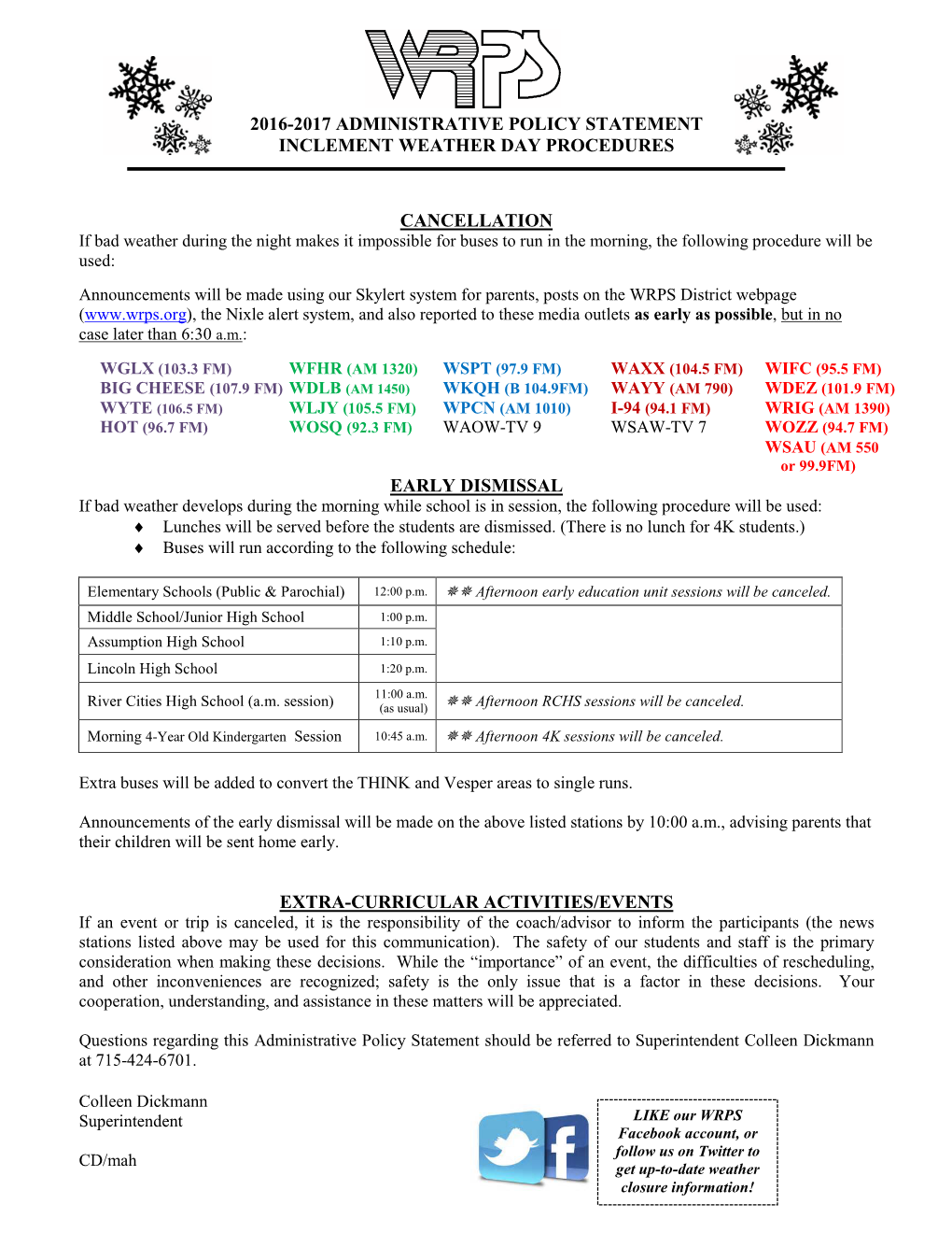 Inclement Weather Information