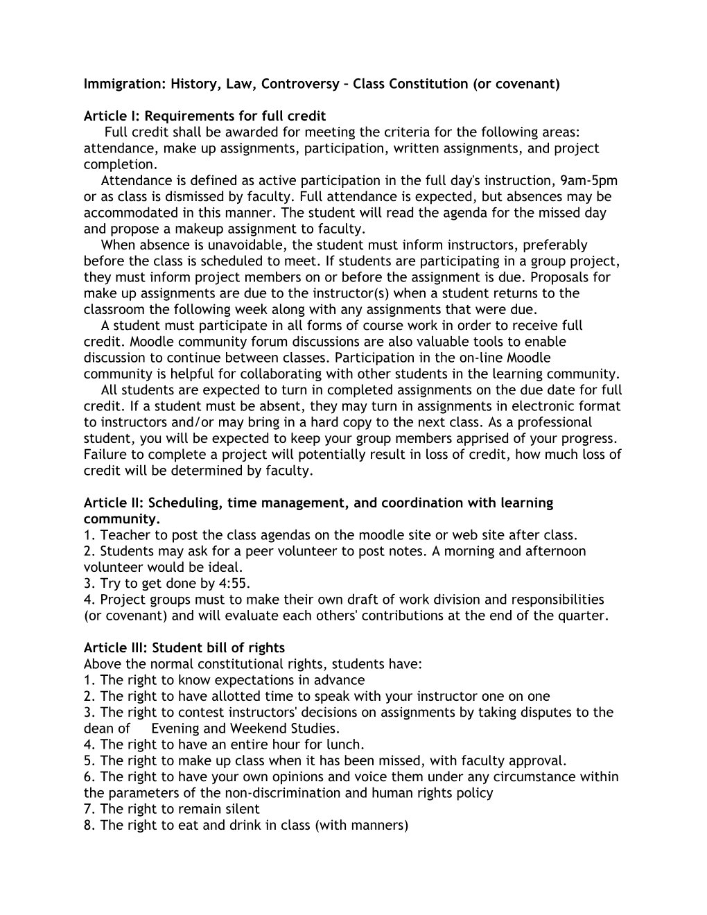 Immigration: History, Law, Controversy Class Constitution (Or Covenant)