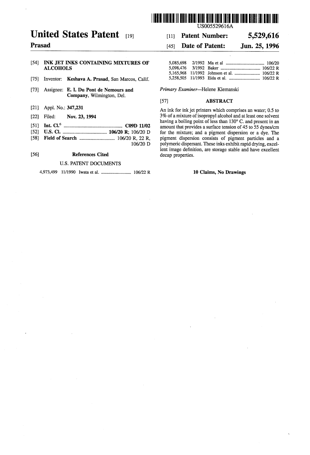 |||||||IIII US00552961.6A United States Patent 19) 11 Patent Number: 5,529,616 Prasad (45) Date of Patent: Jun